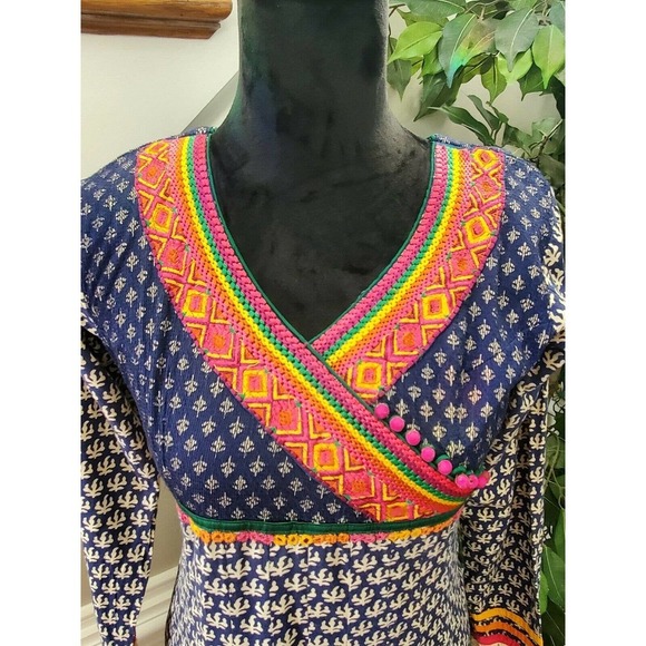 Indian Blue Floral Polyester V-Neck Long Sleeve Knee Length Dress Size Medium - Picture 6 of 11